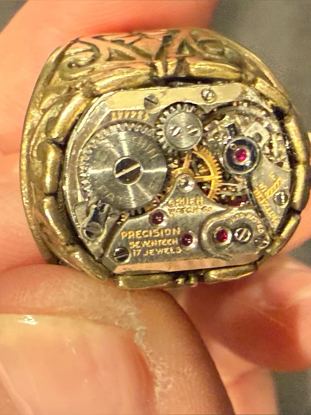 Artist Made Steampunk Watch Movement Ring Vintage Gruen 17 Jewel Filigree Brass